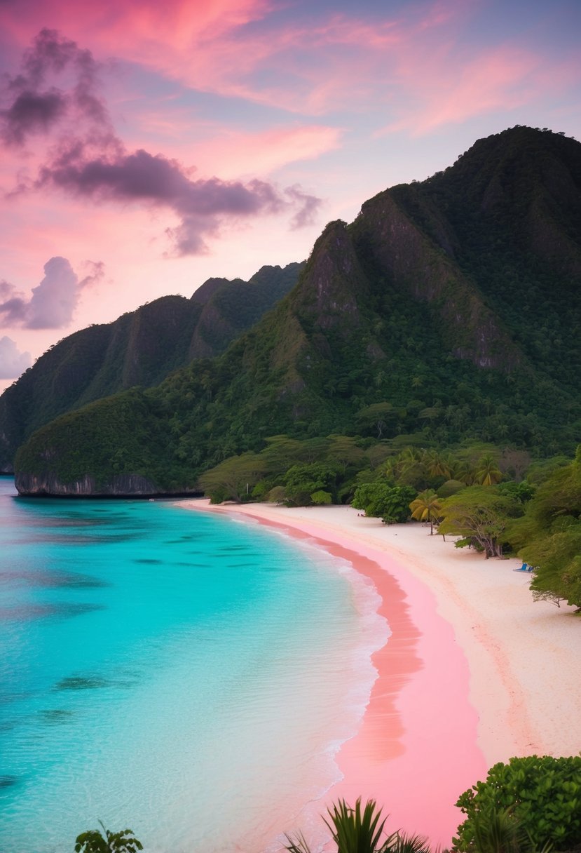 A picturesque pink beach in Labuan Bajo, with crystal-clear turquoise waters and lush greenery, perfect for honeymoon destinations