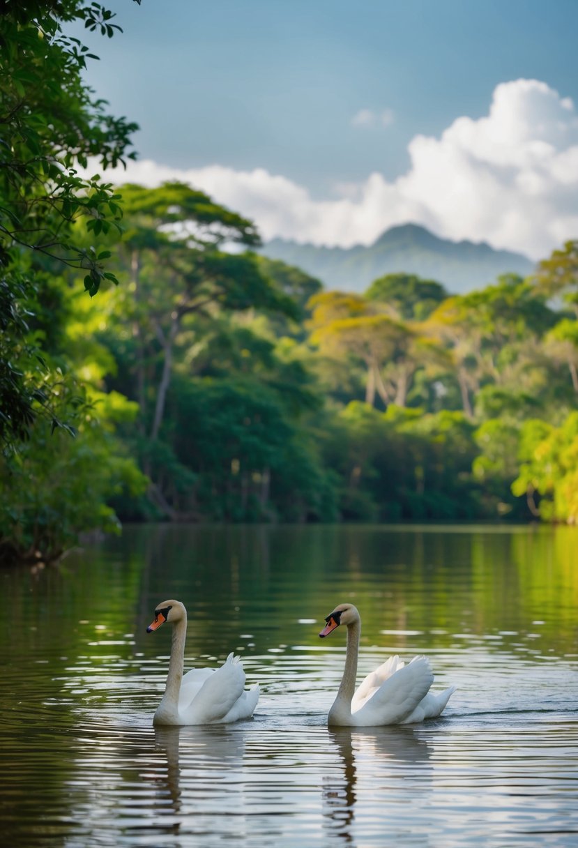A serene lake surrounded by lush greenery in Yala National Park, Sri Lanka, with a couple of swans gracefully gliding on the water