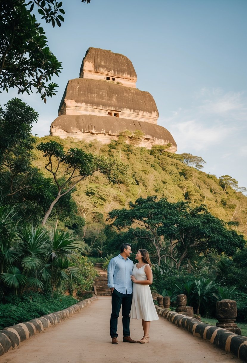 A couple stands at the base of Sigiriya Rock Fortress, surrounded by lush greenery and a clear blue sky