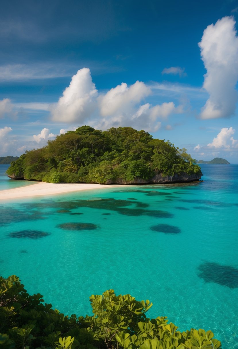 A serene beach on Kanawa Island with crystal-clear waters and lush greenery, perfect for honeymooners in Labuan Bajo