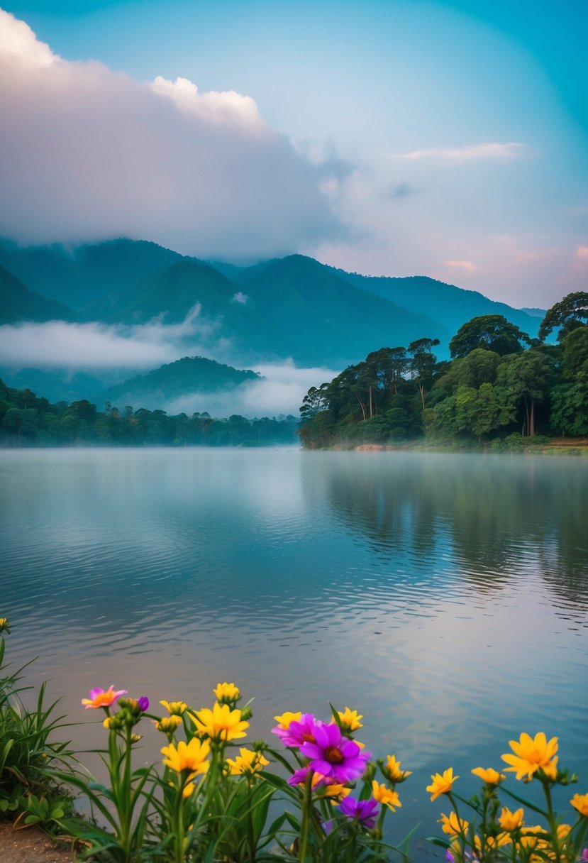 A serene lakeside view in Nuwara Eliya, Sri Lanka, with misty mountains in the background and colorful flowers in the foreground