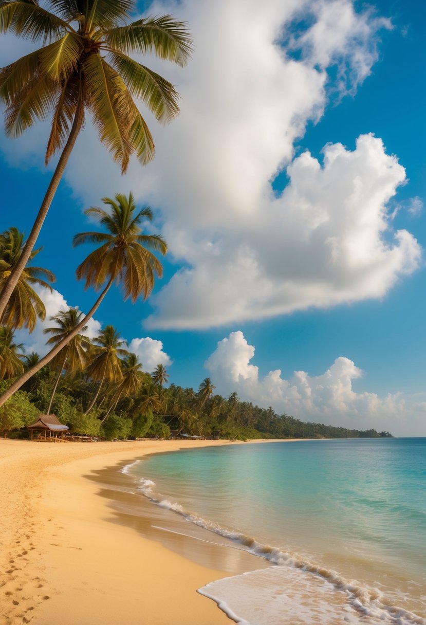 A serene beach at Mirissa, Sri Lanka, with golden sand, clear blue waters, and palm trees swaying in the gentle breeze