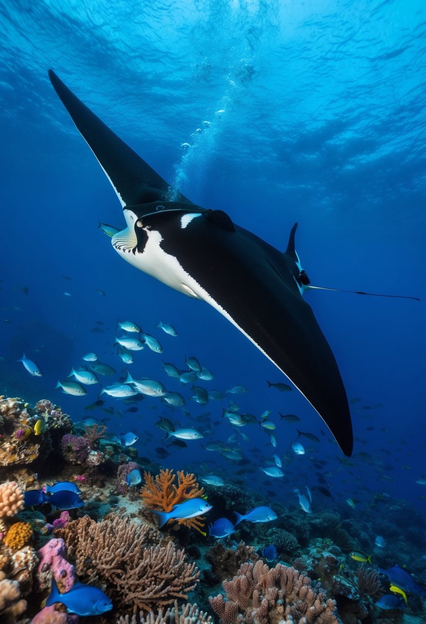 A tranquil underwater scene at Manta Point, Labuan Bajo, with colorful coral, schools of fish, and majestic manta rays gliding through the crystal-clear waters