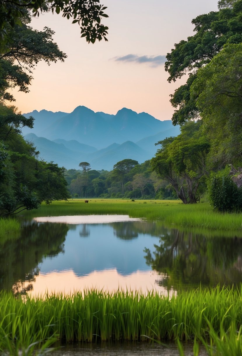 Lush greenery surrounds a serene lake in Udawalawe National Park, with majestic mountains in the distance. Wildlife roams freely in this idyllic honeymoon destination in Sri Lanka