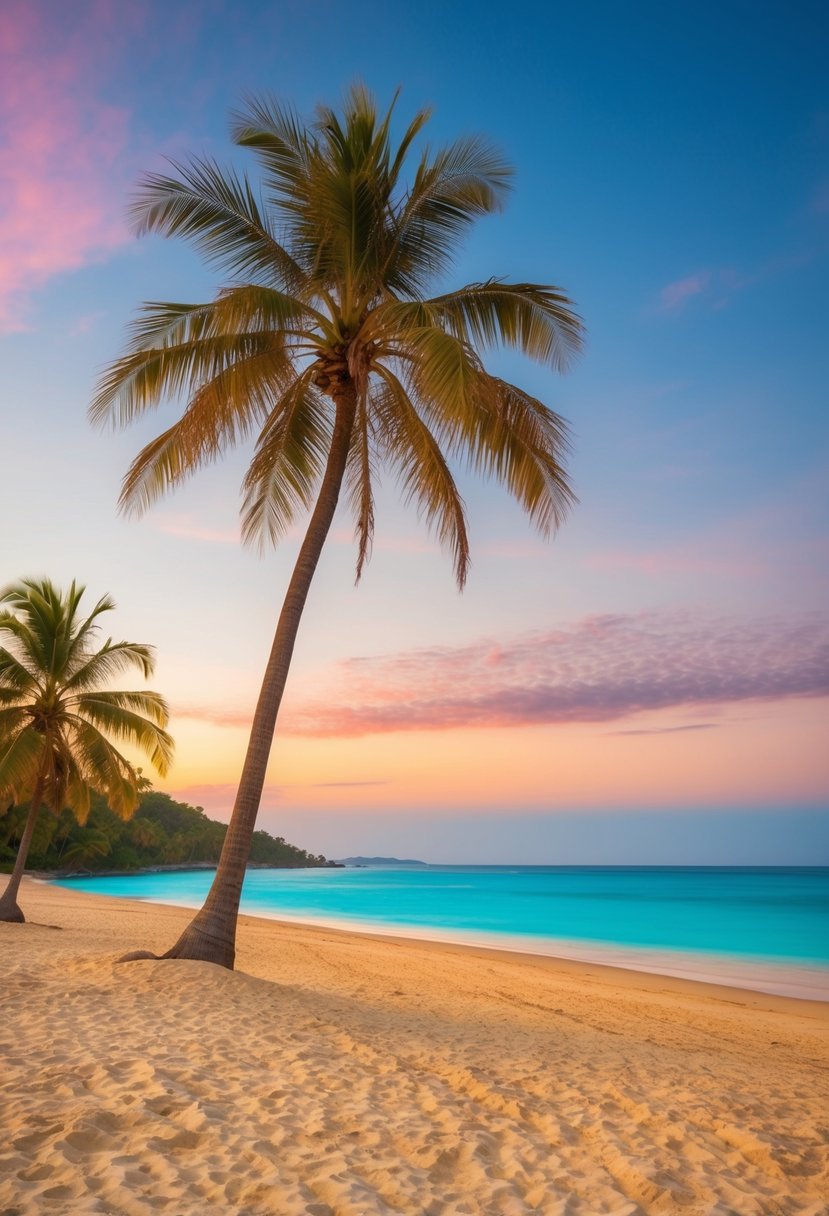 Golden sand beach with palm trees, clear blue water, and a colorful sunset over the horizon