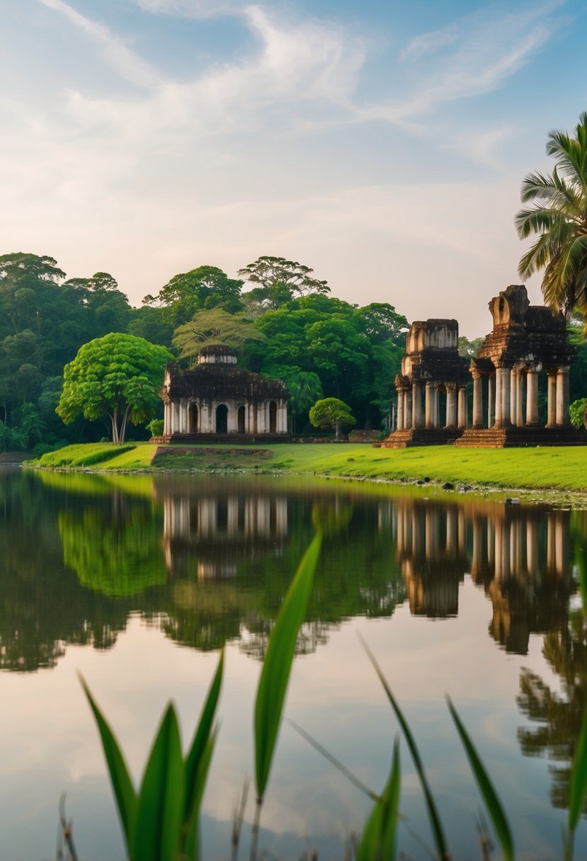 A serene lakeside with lush greenery and ancient ruins in Anuradhapura, Sri Lanka