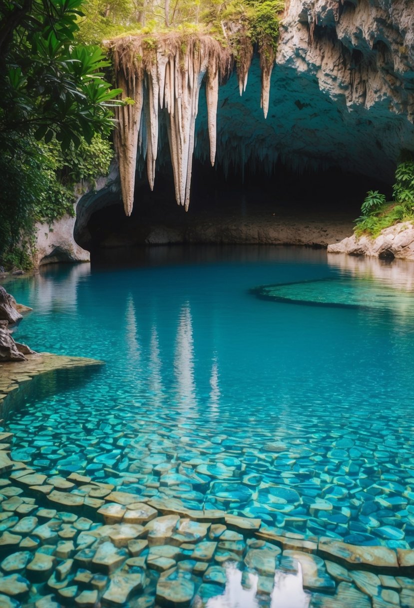 A tranquil cave with a crystal-clear pool reflecting the stalactites above, surrounded by lush greenery and the sound of gentle waves