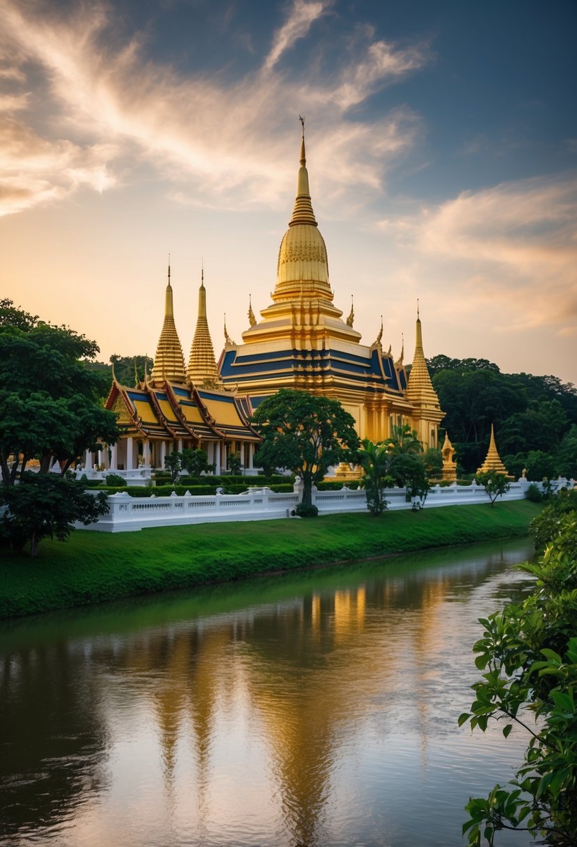 The Temple of the Tooth sits nestled among lush greenery, its golden spires reaching towards the sky. A tranquil river flows nearby, reflecting the temple's grandeur