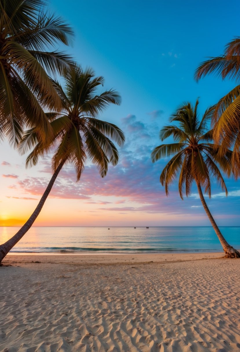 A serene beach at Arugam Bay, Sri Lanka, with palm trees, clear blue waters, and a colorful sunset