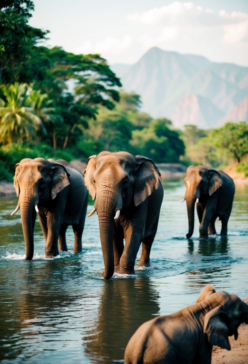 Elephants bathing in a river at Pinnawala Elephant Orphanage, surrounded by lush greenery and mountains in the background