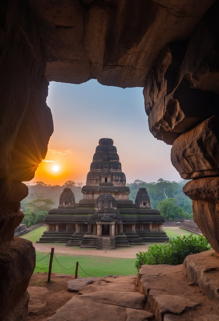 Sunset at Dambulla Cave Temple, Sri Lanka. Majestic rock formations surround the ancient temple, with lush greenery and a peaceful atmosphere