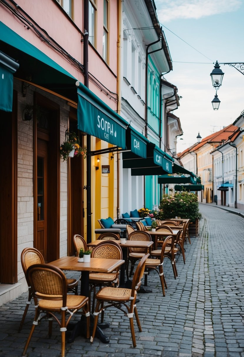 A cozy cafe in Sofia, Bulgaria with charming outdoor seating and colorful buildings lining the streets