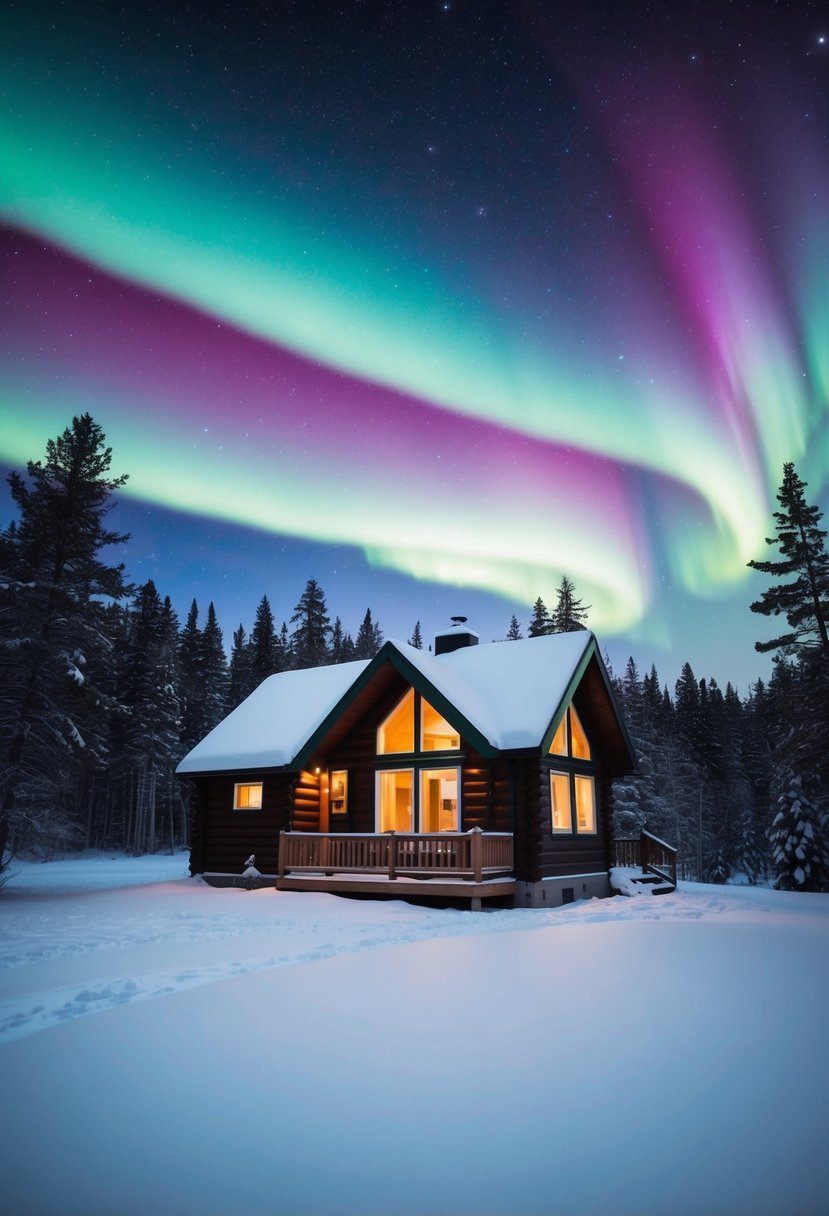 A cozy cabin nestled in a snow-covered forest, with the vibrant colors of the northern lights dancing across the starry sky above