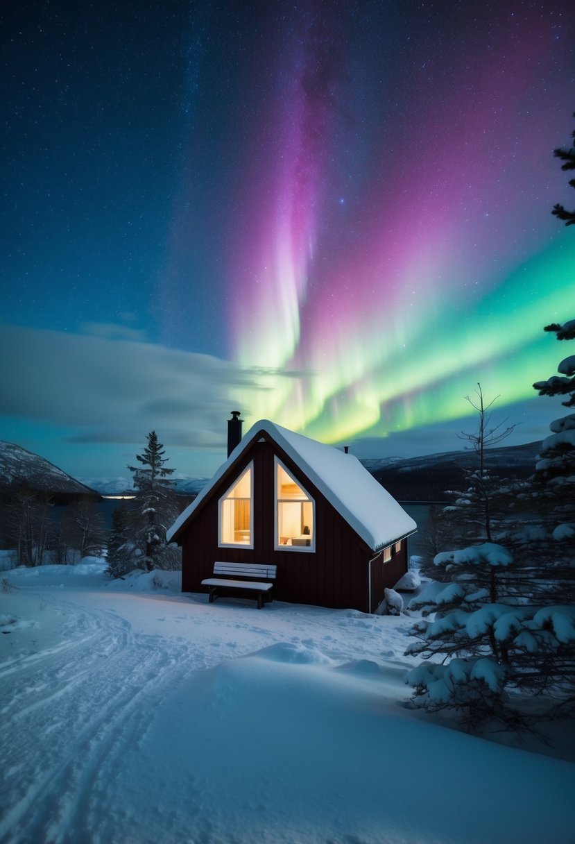 A cozy cabin in Tromsø, Norway, nestled amongst snow-covered trees, with the vibrant hues of the northern lights dancing across the starry sky