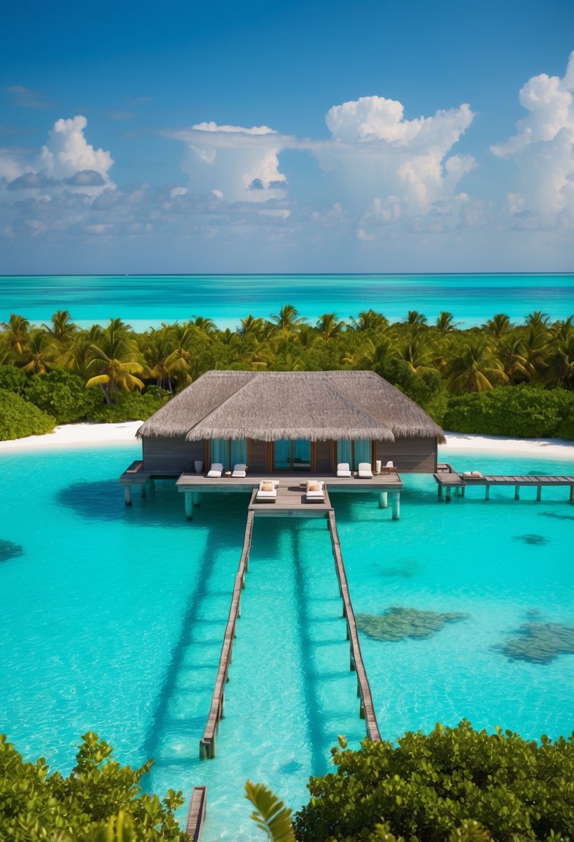 A serene overwater villa at Soneva Fushi, surrounded by crystal-clear turquoise waters and lush greenery