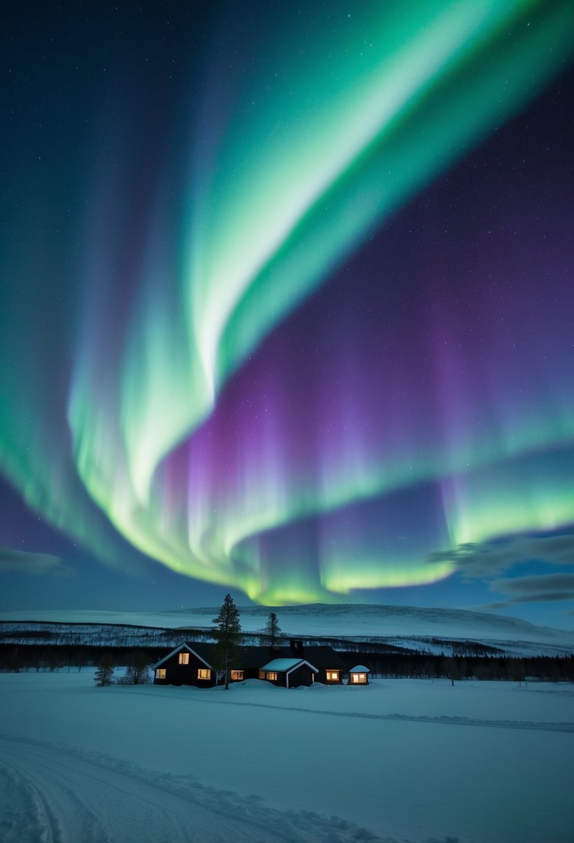 The vibrant green and purple hues of the northern lights dance across the dark sky over the snowy landscape of Abisko, Sweden, creating a mesmerizing and romantic scene for honeymooners