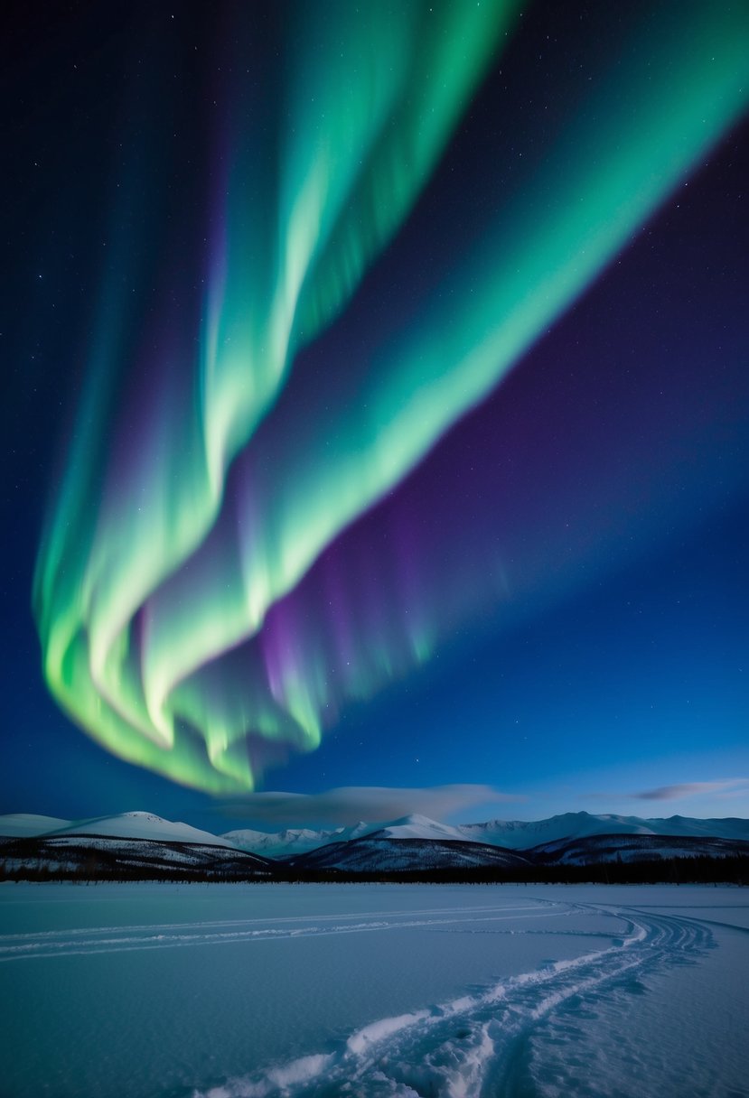 The vibrant green and purple hues of the northern lights dance across the dark sky above the snowy landscape of Fairbanks, Alaska