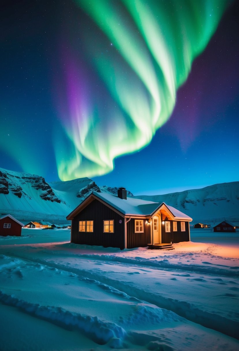 A cozy cabin in Reykjavik, Iceland, surrounded by snow-covered mountains and a vibrant display of the northern lights dancing across the night sky