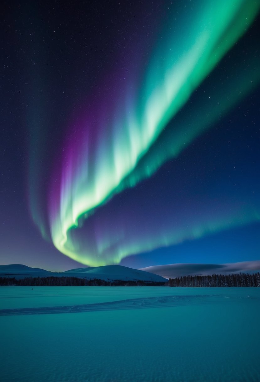 Vibrant green and purple northern lights dance across the dark sky over the snowy landscape of Saariselkä, Finland