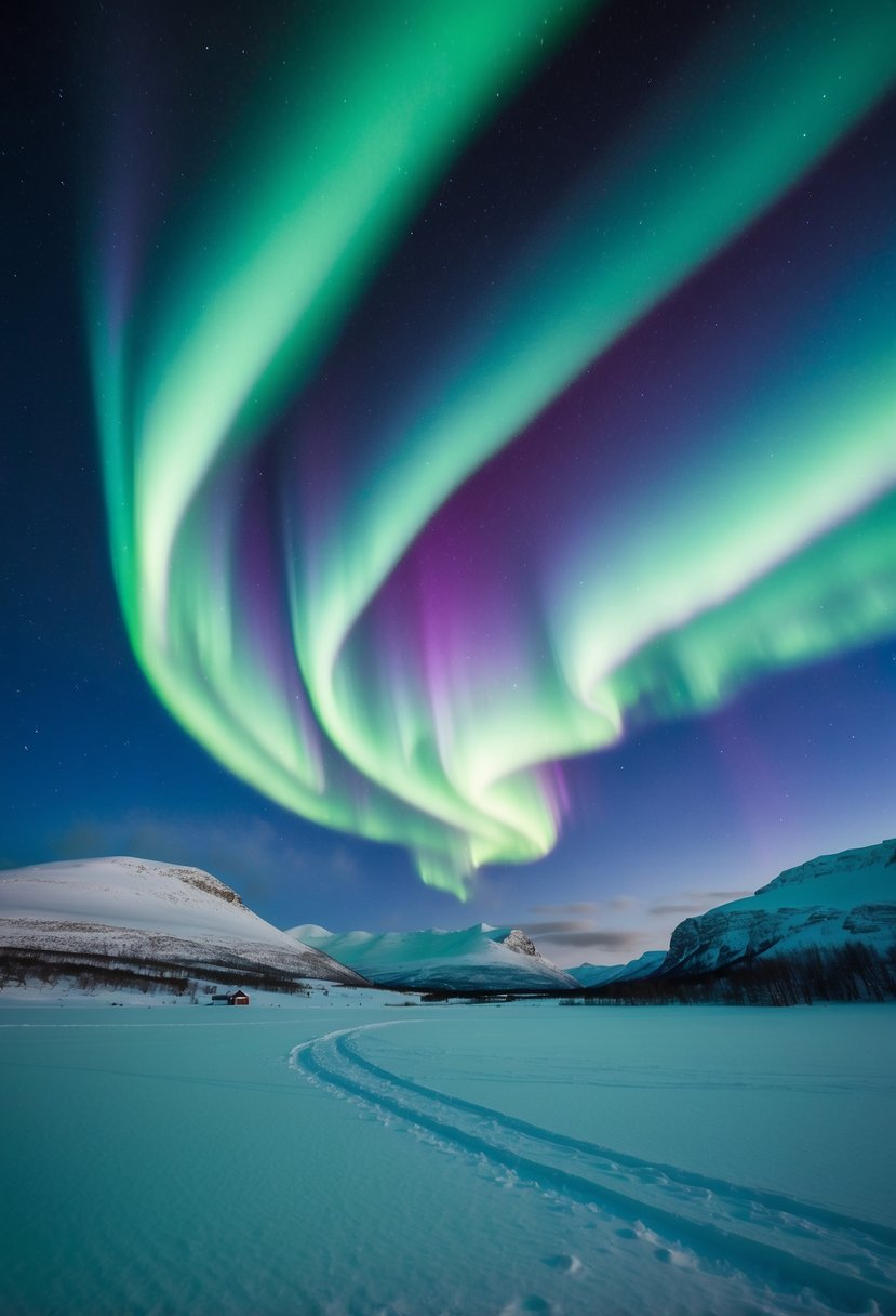 Vibrant green and purple northern lights dance over snow-covered landscape in Kirkenes, Norway