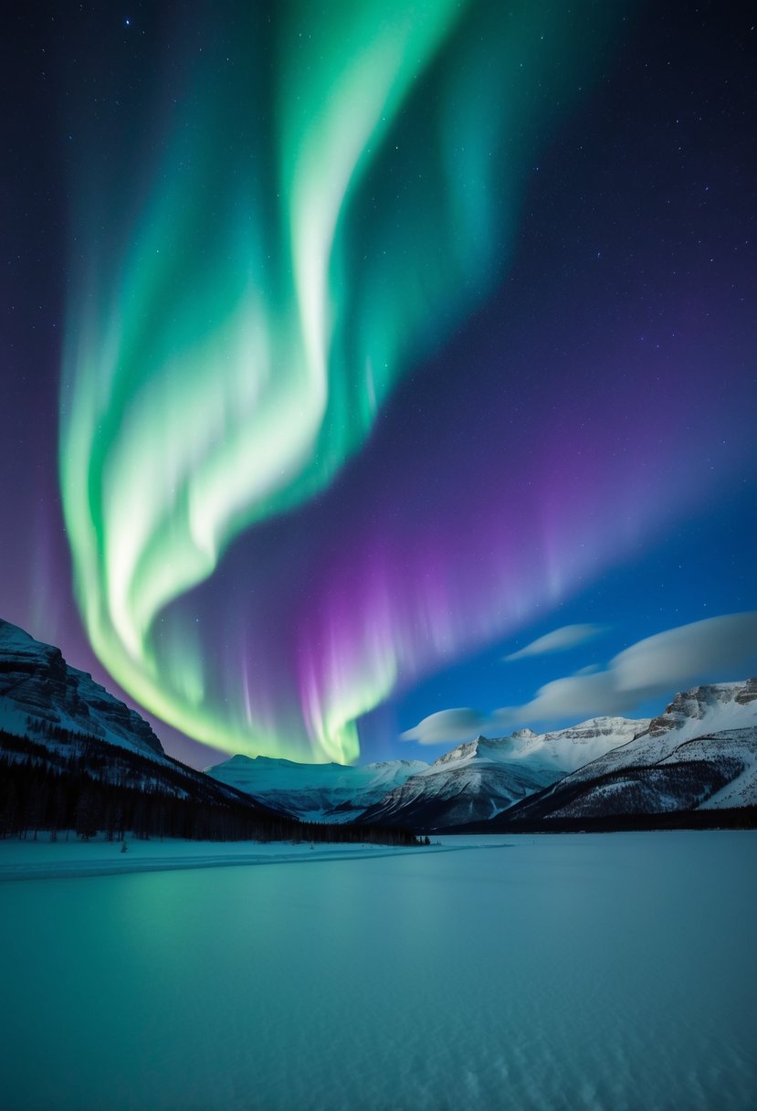 The vibrant green and purple northern lights dance across the dark sky above the snowy, mountainous landscape of Yukon, Canada