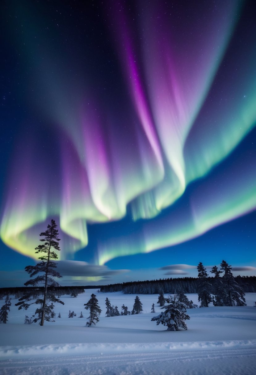 A snowy landscape in Lapland, Finland with vibrant northern lights dancing across the night sky