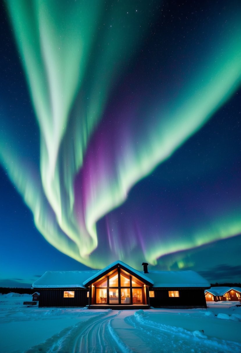 The Kakslauttanen Arctic Resort in Finland showcases the vibrant and mesmerizing northern lights dancing across the night sky, creating a romantic and enchanting atmosphere for honeymooners