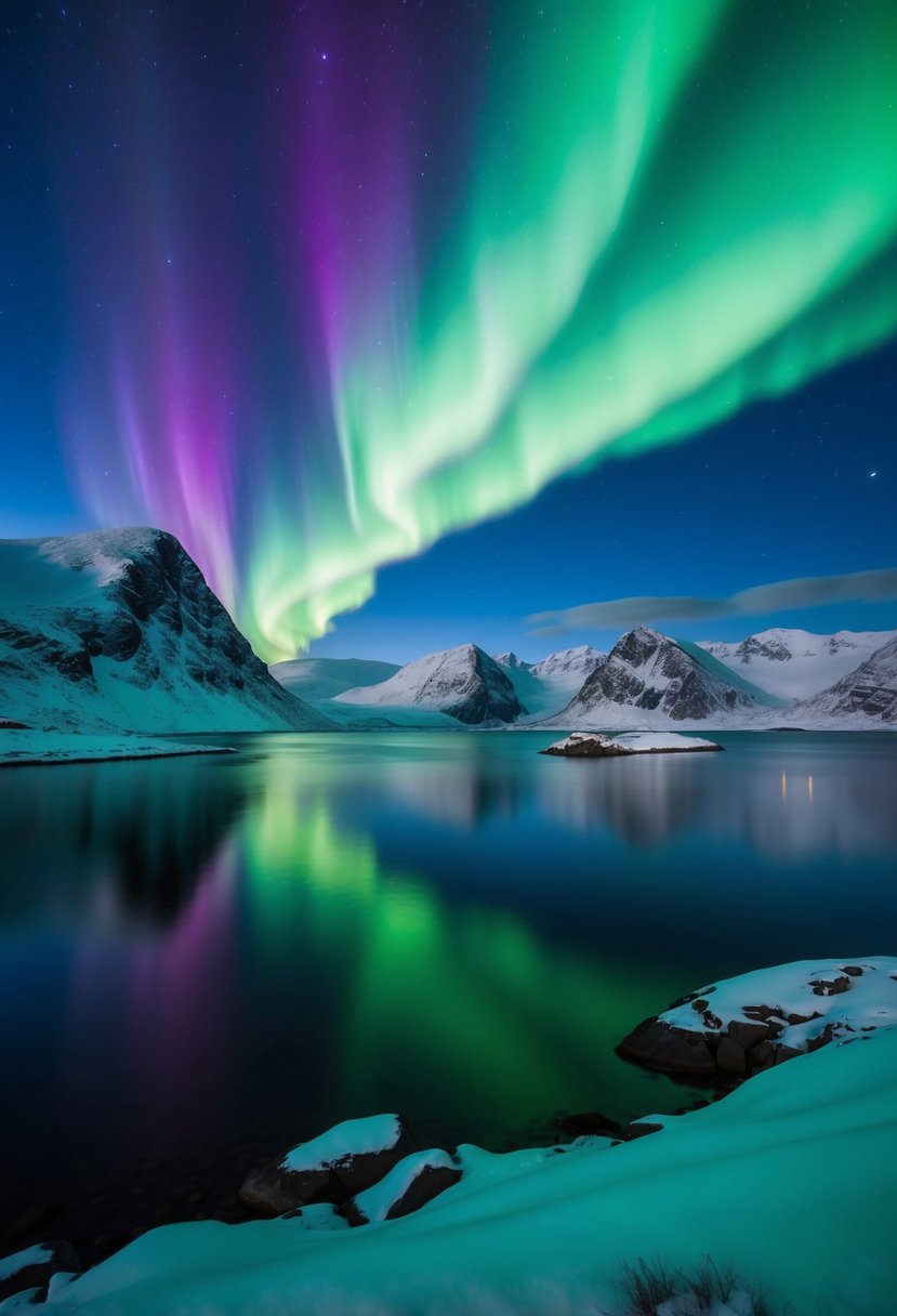Vibrant green and purple northern lights dance over the snow-covered peaks and calm waters of the Lofoten Islands in Norway
