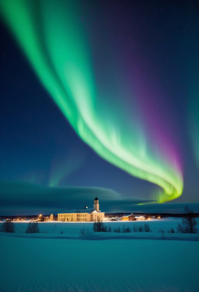 A snowy landscape with a dark sky illuminated by vibrant green and purple northern lights over the city of Murmansk, Russia