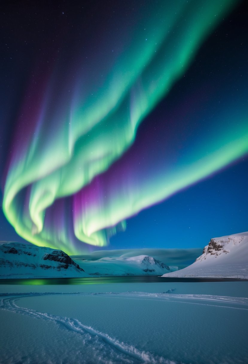 The vibrant colors of the northern lights dance across the dark sky, illuminating the snowy landscape of Svalbard, Norway
