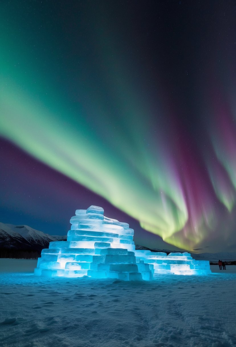 The Aurora Ice Museum in Alaska glows under the northern lights, creating a romantic and enchanting honeymoon destination