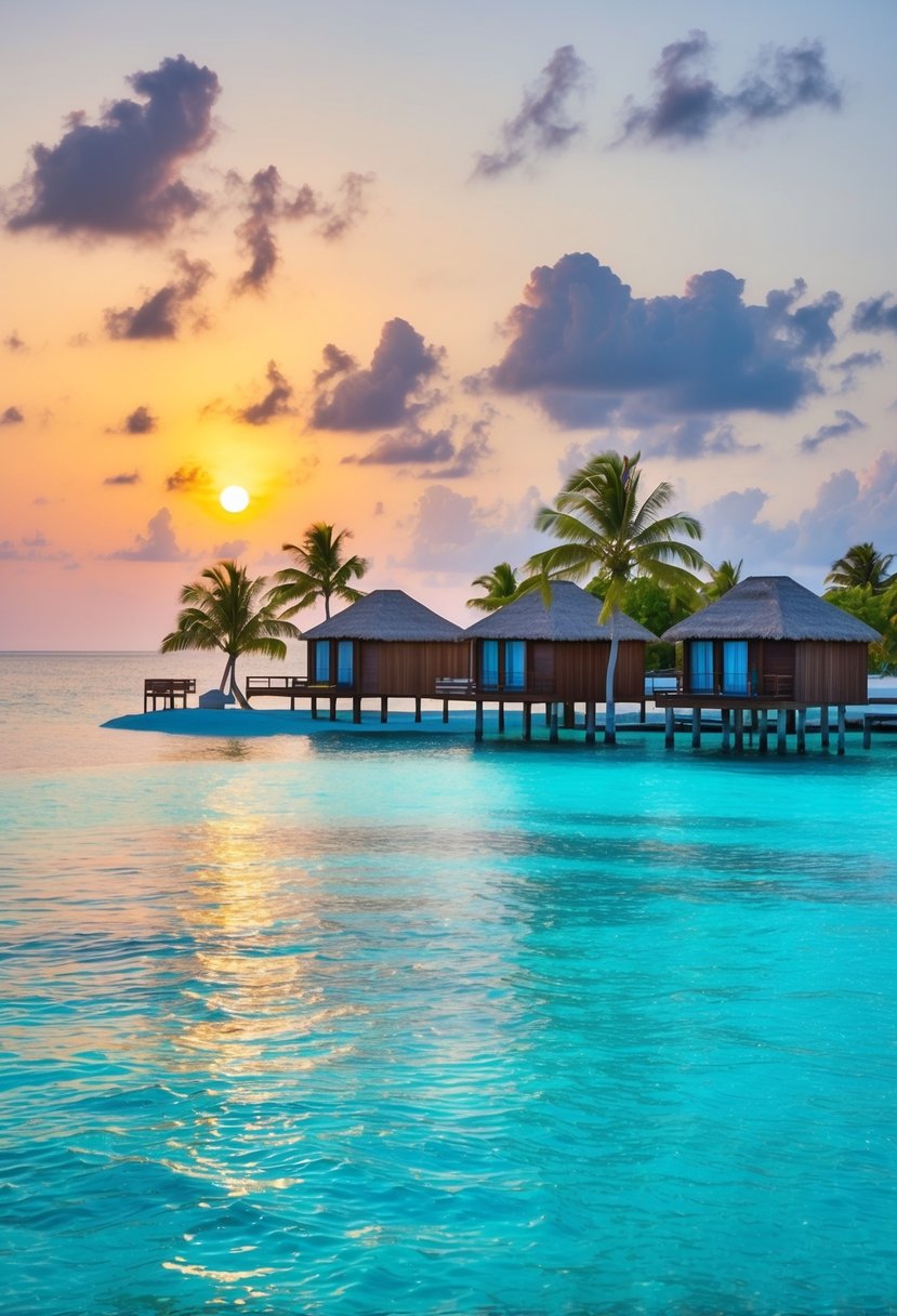 Crystal-clear waters surround overwater villas on a secluded island in the Maldives. Palm trees sway in the gentle breeze as the sun sets behind the horizon