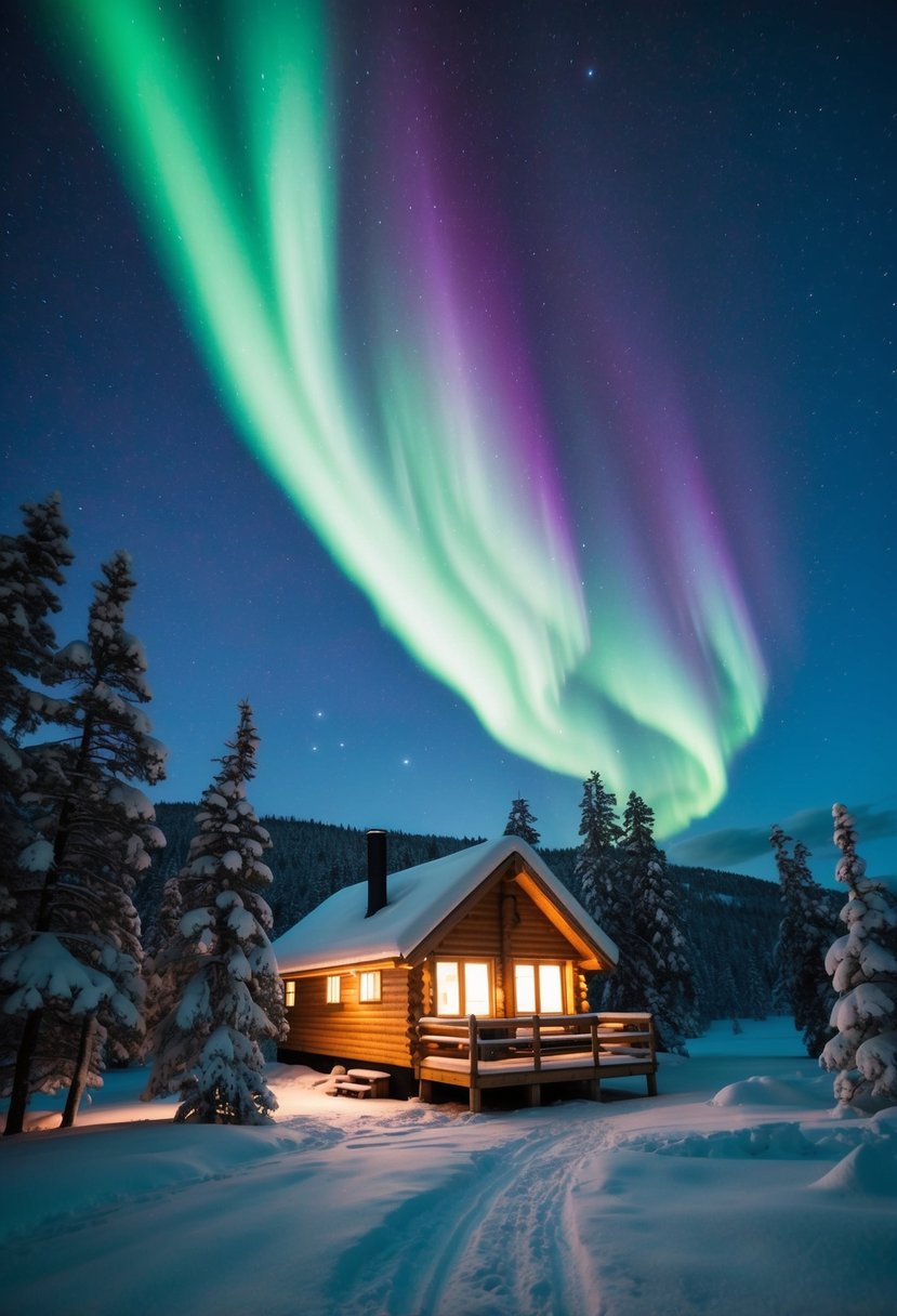 A cozy cabin in Jukkasjärvi, Sweden, surrounded by snow-covered trees, with the mesmerizing northern lights dancing across the starry sky