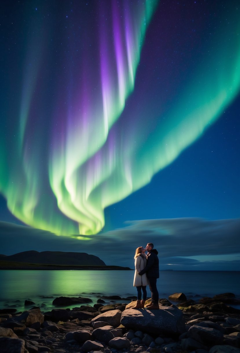 A couple stands on a rocky shore, gazing up at the vibrant swirls of the northern lights above the Shetland Islands in Scotland. The sky is filled with hues of green, purple, and blue, creating a magical and romantic atmosphere for their honeymoon