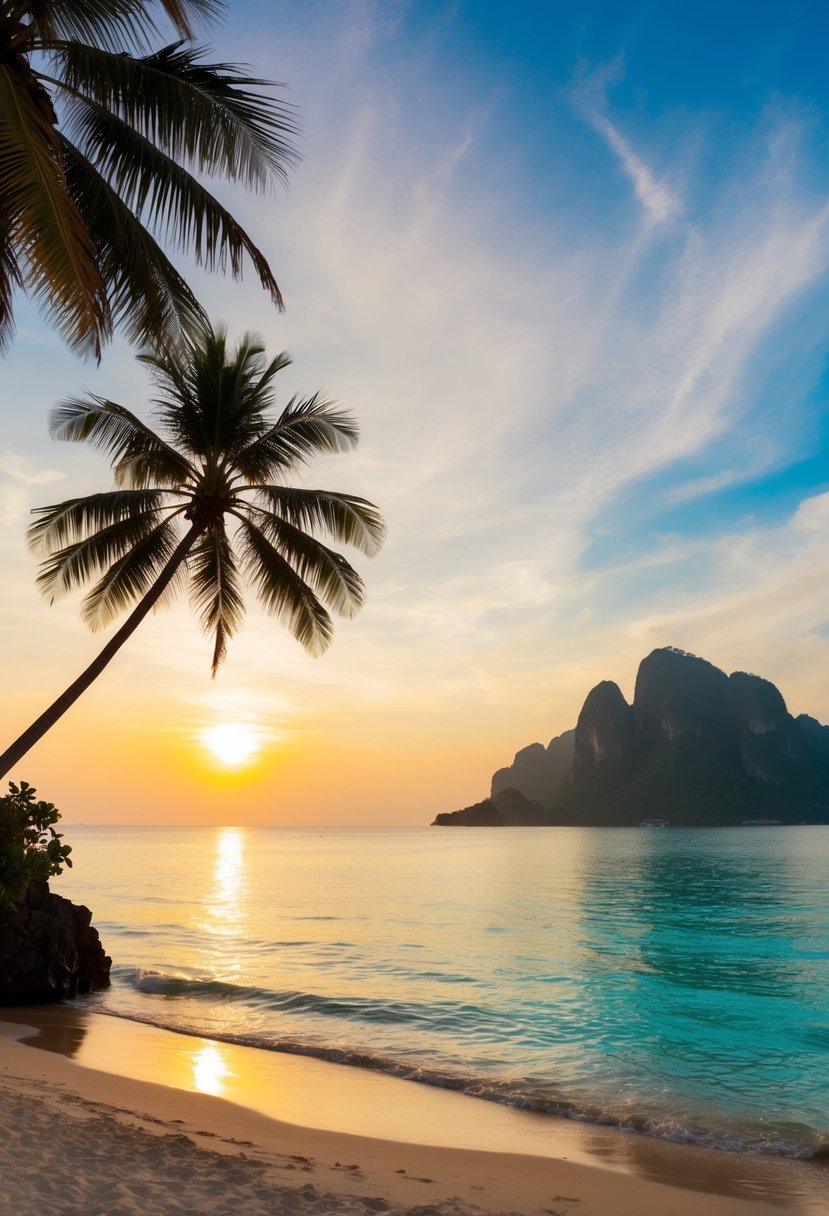 A serene beach with crystal clear waters, palm trees, and a golden sunset over Langkawi Island in Malaysia