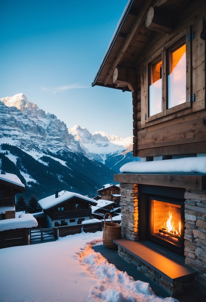 A cozy cabin nestled in the snowy mountains of Chamonix, with a warm fireplace and stunning views of the surrounding peaks