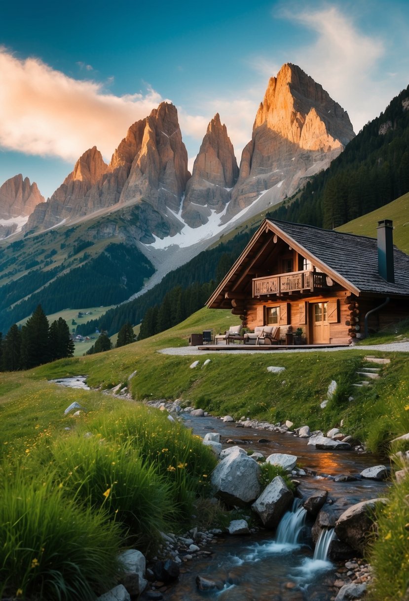 A cozy cabin nestled among the majestic peaks of the Dolomites, with a clear mountain stream flowing nearby and a warm glow from the setting sun