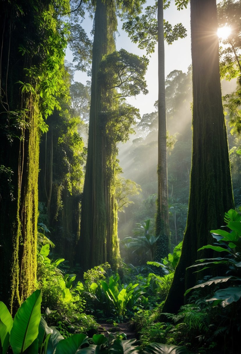 Lush Borneo rainforest with towering trees, exotic flora, and diverse wildlife. Sunlight filters through the dense canopy, creating a serene and romantic atmosphere