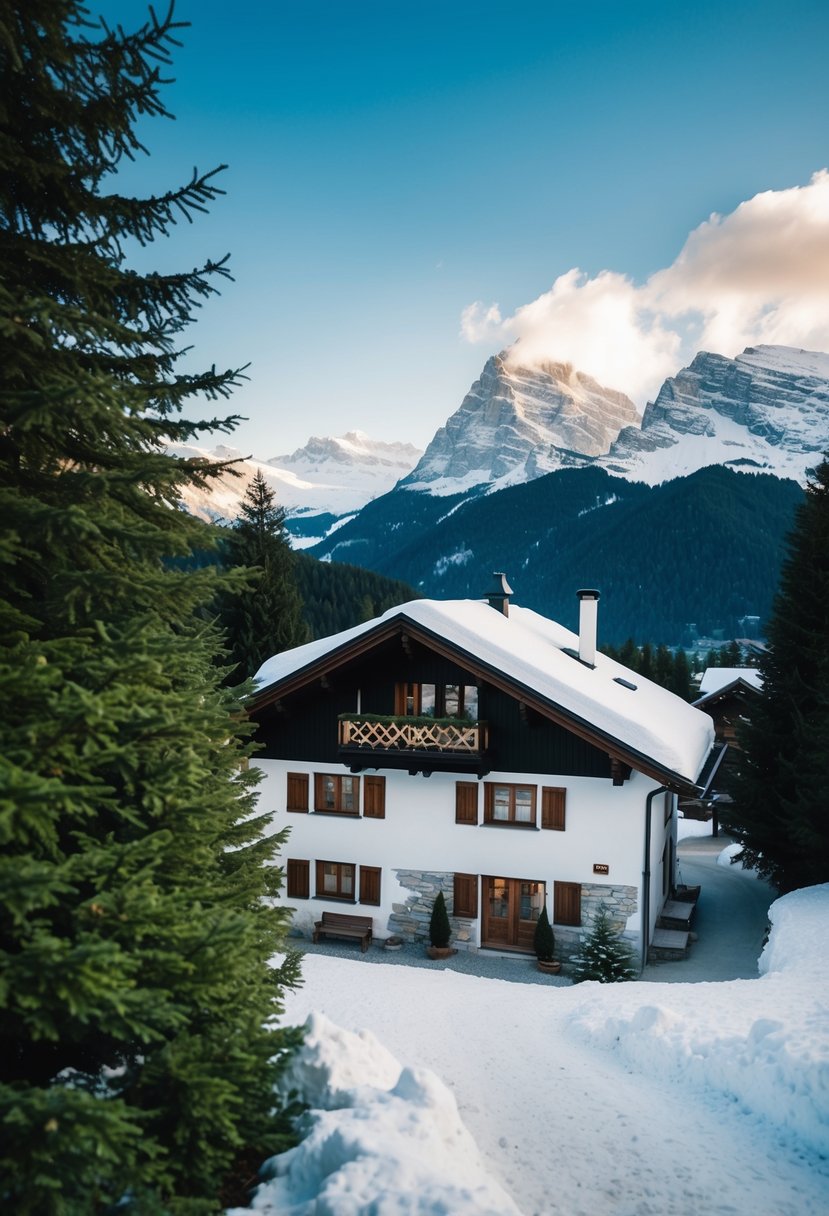 A cozy cabin nestled in the Bavarian Alps, surrounded by lush greenery and snow-capped peaks, with a clear blue sky overhead