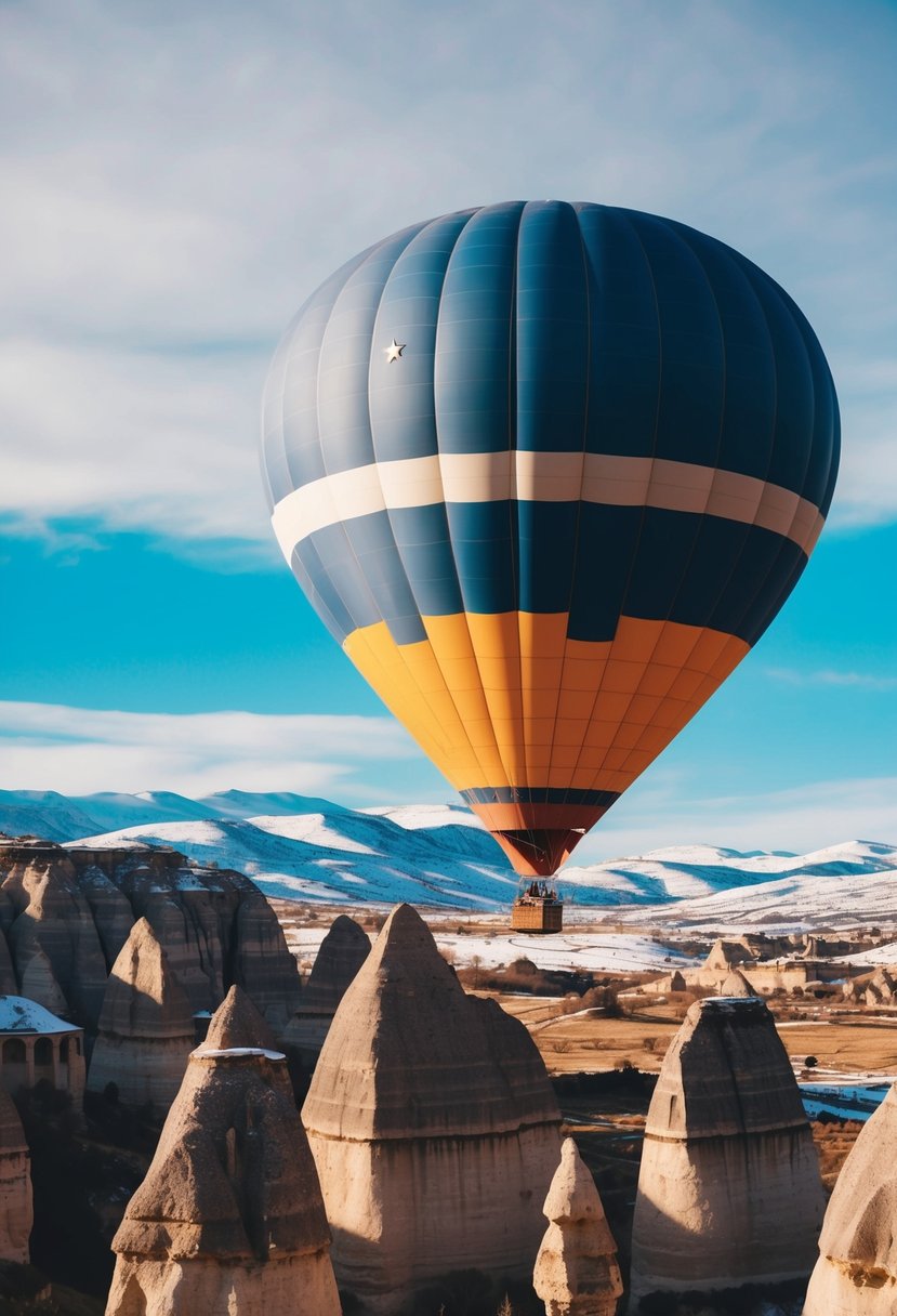 A hot air balloon floats over the unique rock formations of Cappadocia, Turkey, with snow-capped mountains in the distance
