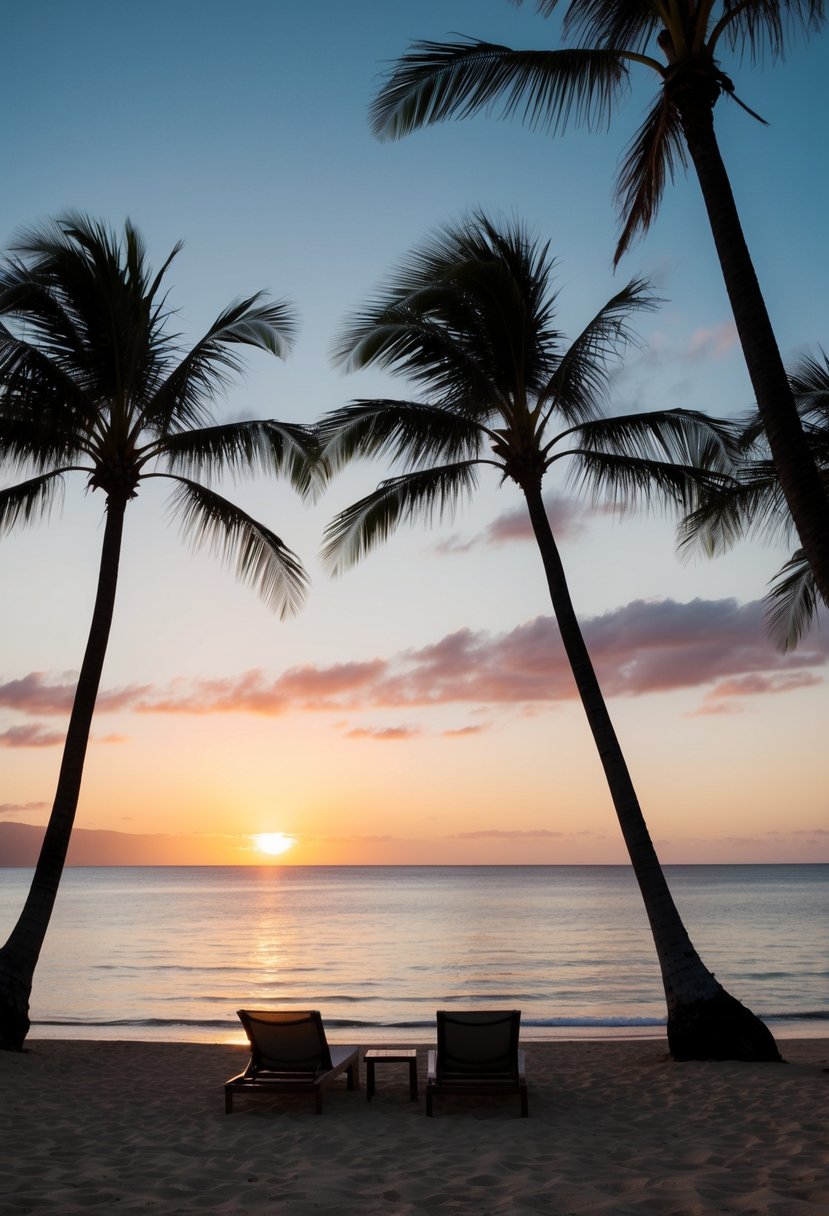 A sunset over the tranquil waters of Maui, with palm trees swaying in the gentle breeze and a couple of lounging chairs on the beach