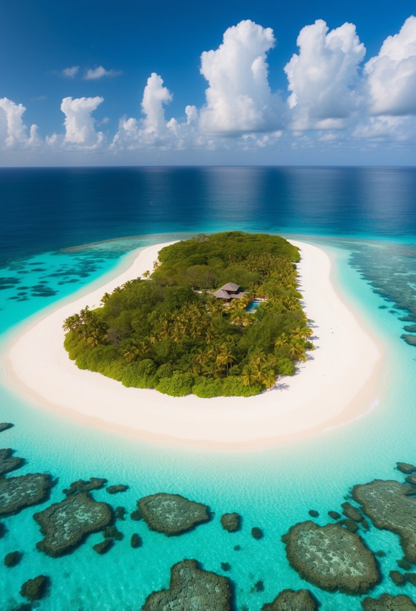 Crystal clear waters surround a secluded tropical island with lush greenery and white sandy beaches. Colorful coral reefs teem with marine life