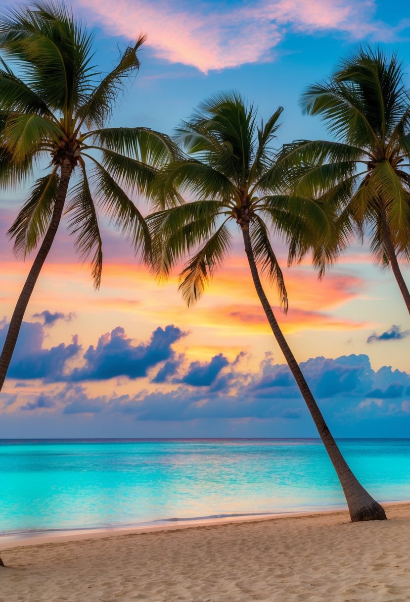 A serene beach with crystal-clear turquoise water, palm trees swaying in the gentle breeze, and a vibrant sunset painting the sky over the Fiji Islands in March