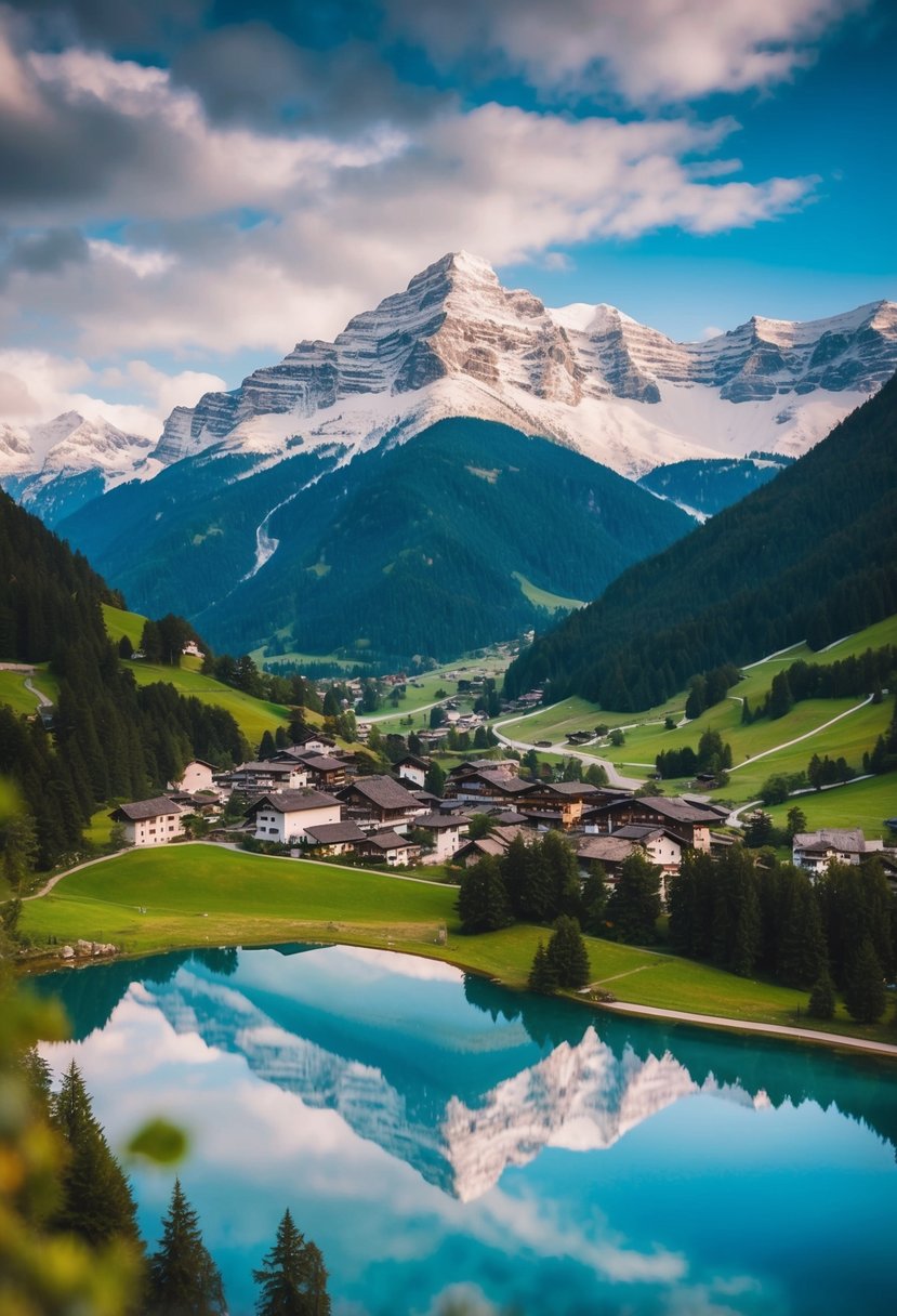 Snow-capped peaks rise above a serene alpine village nestled in a lush valley, with a crystal-clear lake reflecting the majestic scenery