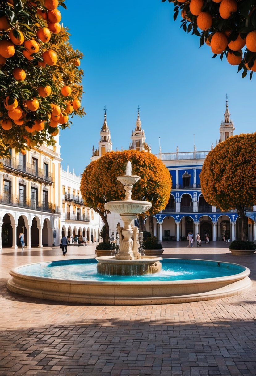 A sunny plaza in Seville, Spain with orange trees, colorful buildings, and a fountain