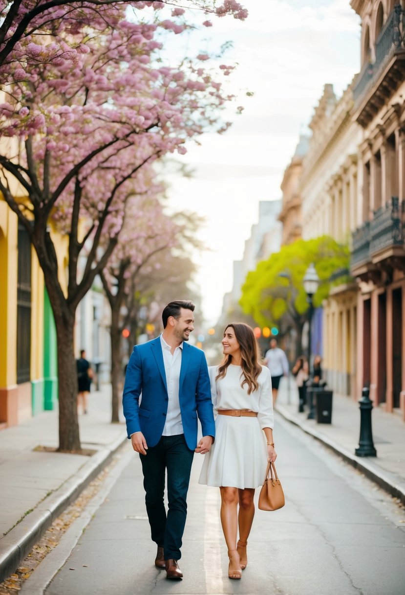 A couple strolling through the colorful streets of Buenos Aires, with blooming trees and warm weather, enjoying the romantic atmosphere of the city