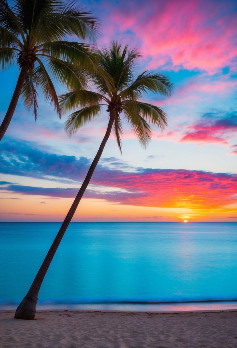 A tranquil beach with clear blue waters, palm trees, and a colorful sunset