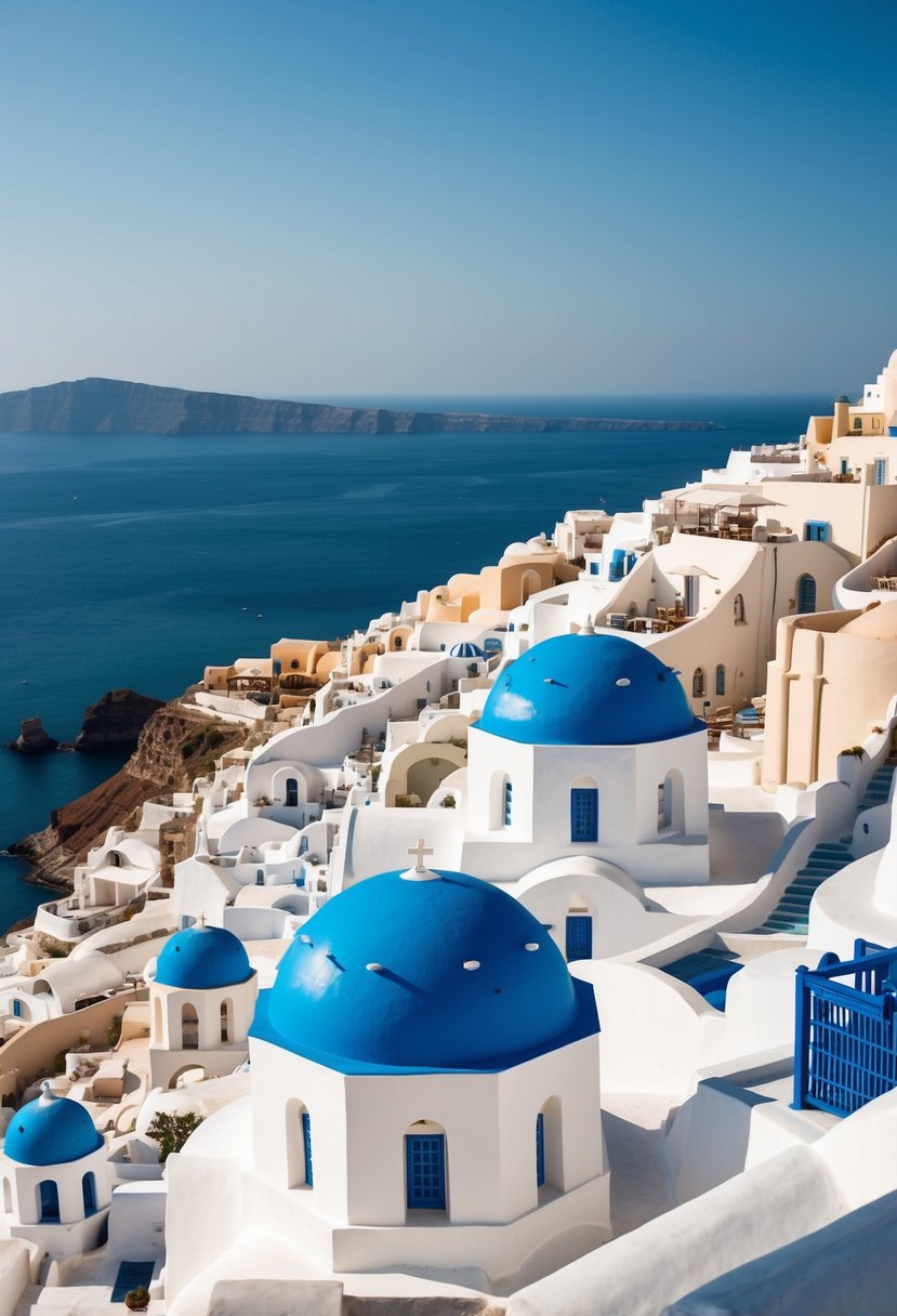 A picturesque view of white-washed buildings with blue domes overlooking the crystal-clear waters of the Aegean Sea on the island of Santorini, Greece