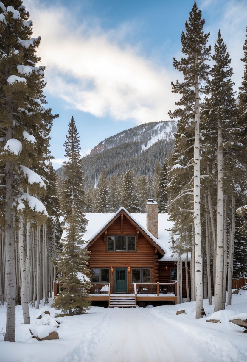 A cozy mountain cabin nestled among snow-covered aspen trees in Aspen, Colorado