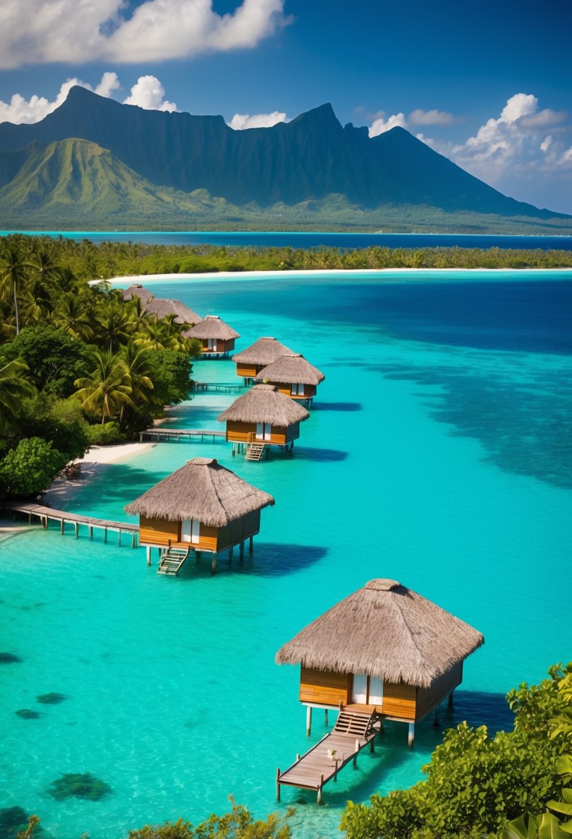Crystal clear turquoise waters surround overwater bungalows with thatched roofs on stilts, nestled in lush greenery against a backdrop of towering volcanic peaks